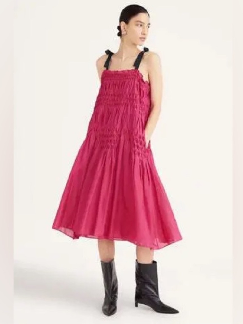 MERLETTE $495 • 17” Pit to Pit • Mabel Smocked Midi Dress Black Tie Straps NEW - Picture 8 of 8